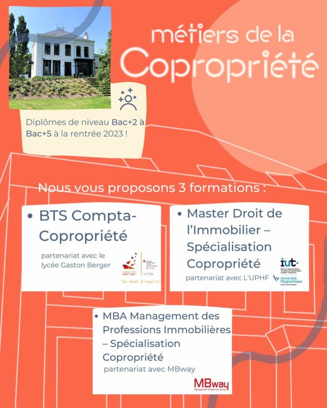 🏠 Vous êtes à la recherche d’une alternance dans le secteur de la copropriété ?

👨‍🎓 Vous allez préparer un diplôme de niveau Bac+2 à Bac+5 à la rentrée de septembre 2023 ?

🤝 Ne cherchez plus ! Nous vous proposons 3 diplômes en alternance dans ce domaine : 

- BTS Compta-Gestion avec des cours préparant aux métiers de l’immobilier en partenariat avec le lycée Gaston Berger 

- Master Droit de l’Immobilier – Spécialisation Copropriété en partenariat avec l’Université Polytechnique de Valenciennes

- MBA Management des Professions Immobilières – Spécialisation Copropriété en partenariat avec MBway 

😉 En partenariat avec des nombreuses entreprises du secteur de l’immobilier, nous vous proposons un véritable accompagnement pour décrocher un contrat d’apprentissage !

✅ Envoyez-nous dès maintenant vos plus beaux CV : uch@univ-habitat.fr

#Copropriété #Diplômes #Alternance #immobilier